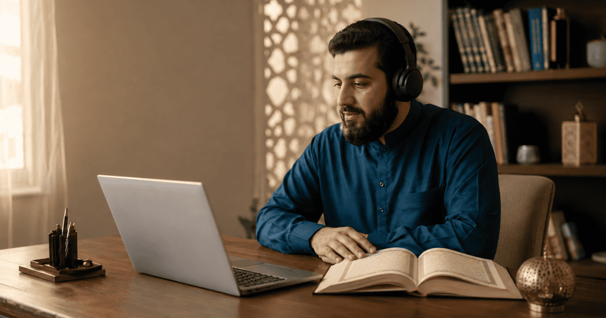 Adult attending online Quran classes with a laptop and headphones at home