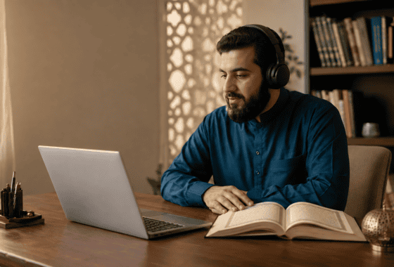 Adult attending online Quran classes with a laptop and headphones at home