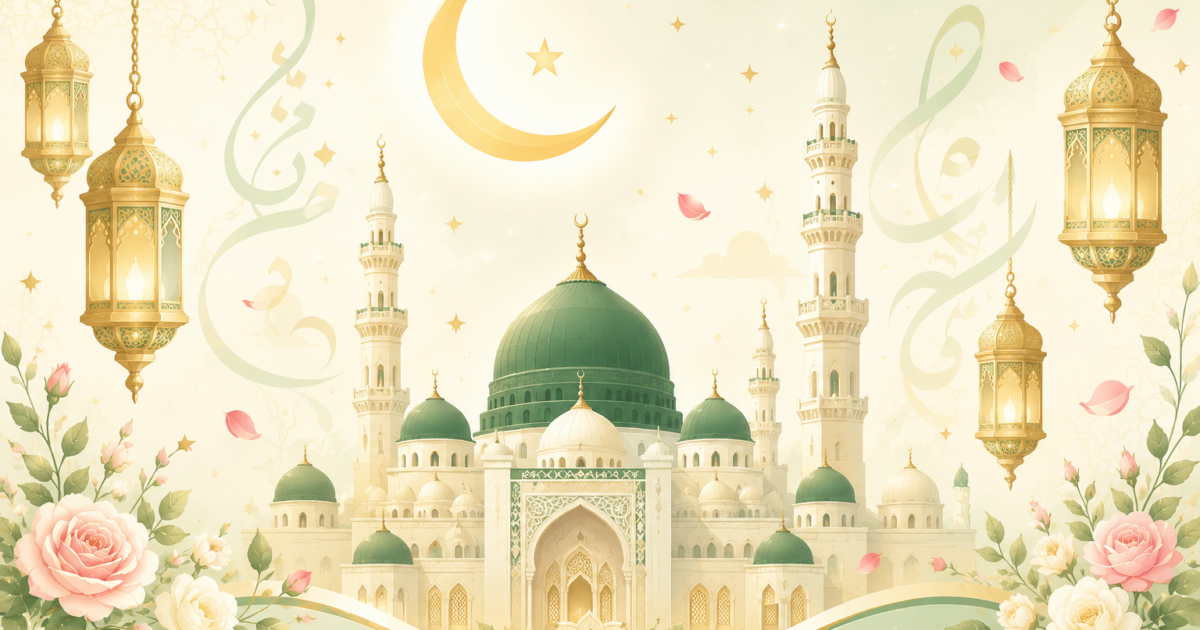 12 Rabi ul Awal quotes and status illustration with mosque, crescent moon, and lanterns
