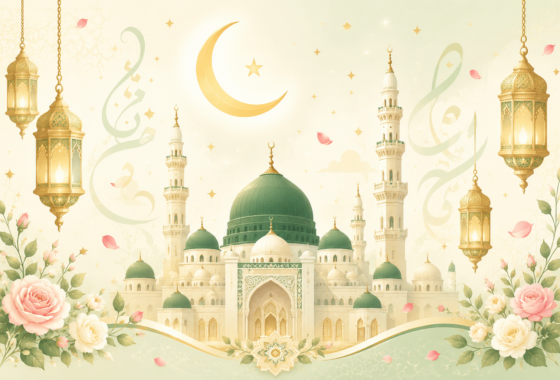 12 Rabi ul Awal quotes and status illustration with mosque, crescent moon, and lanterns