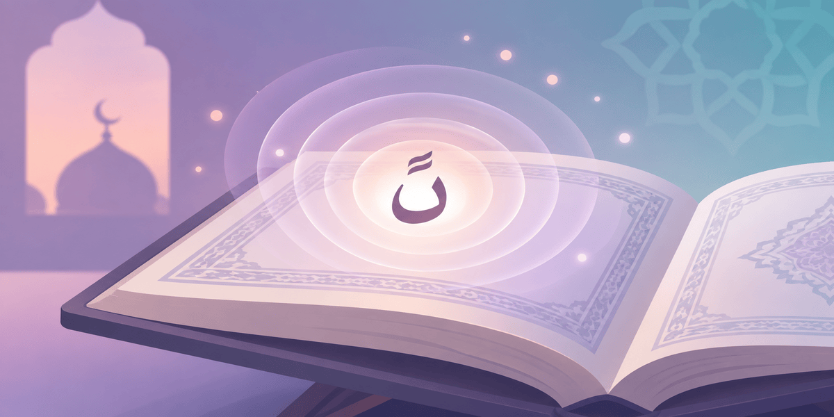 Ghunna rules in Tajweed illustration showing sound wave ripples over a glowing Quran page