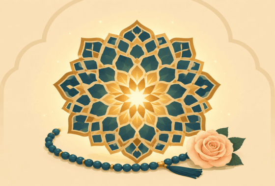 Gyarvi Sharif 2026 illustration with glowing Islamic geometric rosette, prayer beads, and rose symbolizing remembrance