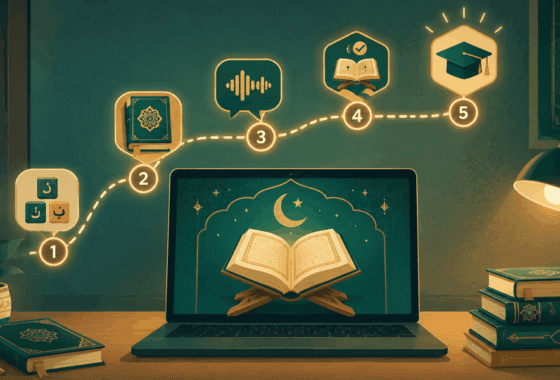 Illustration of a step-by-step path from Noorani Qaida to Tajweed showing how to learn Quran online
