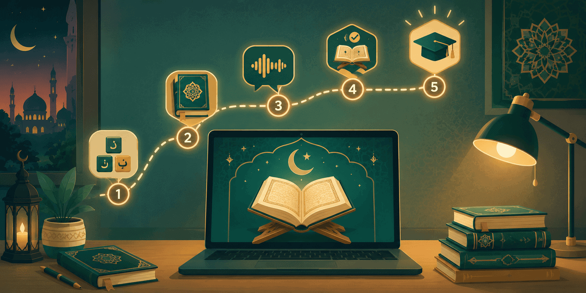 Illustration of a step-by-step path from Noorani Qaida to Tajweed showing how to learn Quran online