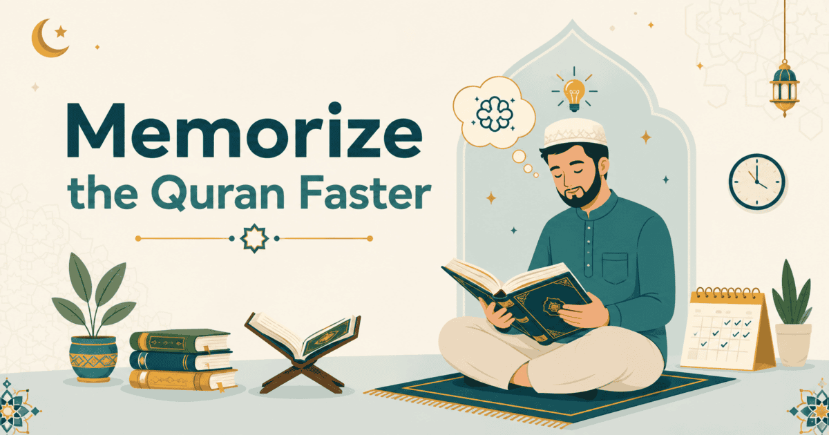 Illustration showing techniques to memorize the Quran fast, adult reading Quran at home
