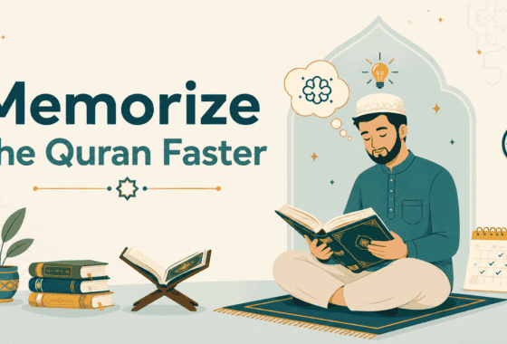 Illustration showing techniques to memorize the Quran fast, adult reading Quran at home