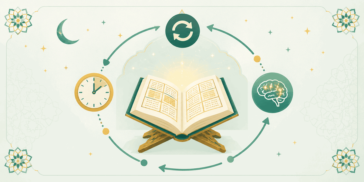 Illustration of a glowing Quran with chunked pages, a repetition icon, and a brain icon representing how to memorize Quran fast