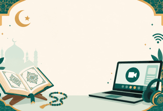 Illustration of Quran book, laptop, and Islamic patterns representing how to learn Quran online