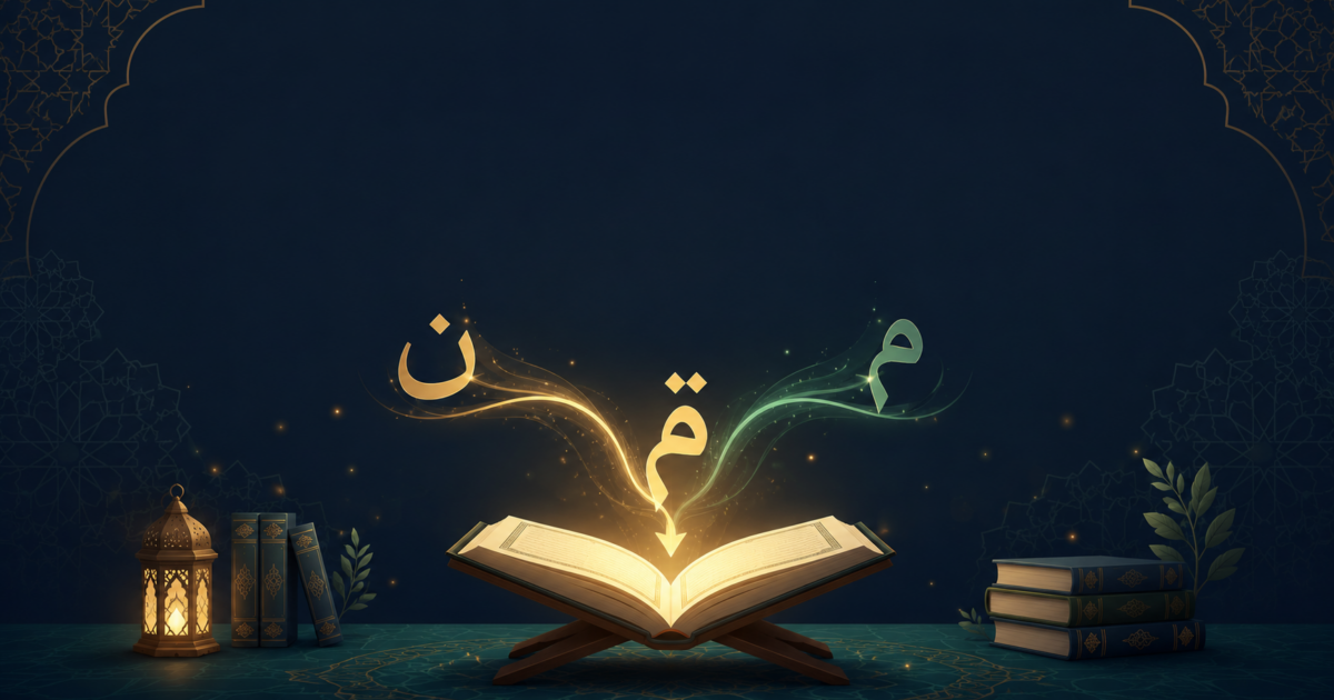 Illustration of an open Quran with glowing Arabic calligraphy letters merging together, representing idgham rules in tajweed