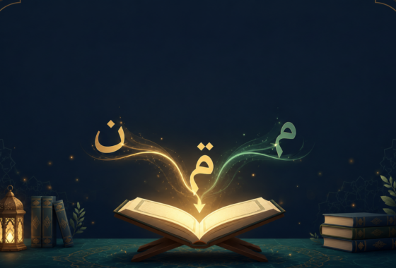 Illustration of an open Quran with glowing Arabic calligraphy letters merging together, representing idgham rules in tajweed