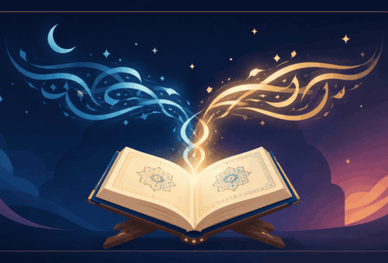 Idgham rules in tajweed illustrated as glowing Arabic-style calligraphy ribbons merging together over an open Quran