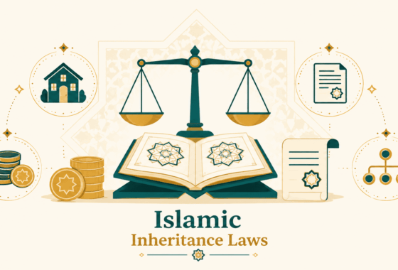 Illustration of Islamic inheritance laws (Faraid) showing a balanced scale, Quran, and family estate symbols representing fair distribution