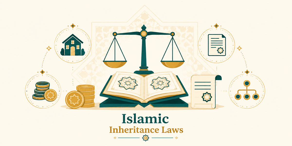 Illustration of Islamic inheritance laws (Faraid) showing a balanced scale, Quran, and family estate symbols representing fair distribution