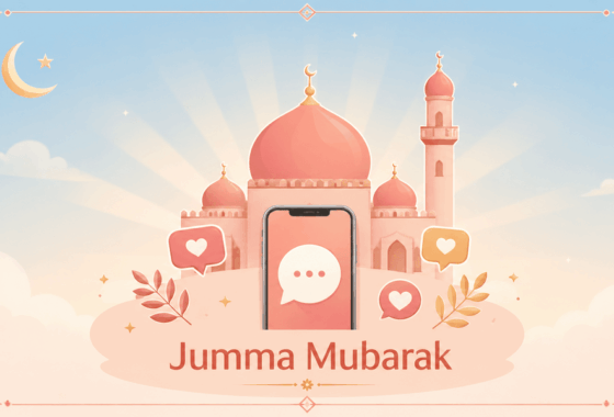 Illustration for Jumma Mubarak status showing a Friday calendar, smartphone with chat bubble, and prayer beads