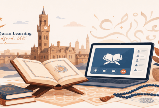 Illustration representing online Quran classes in Bradford with Quran book, laptop, and Bradford skyline