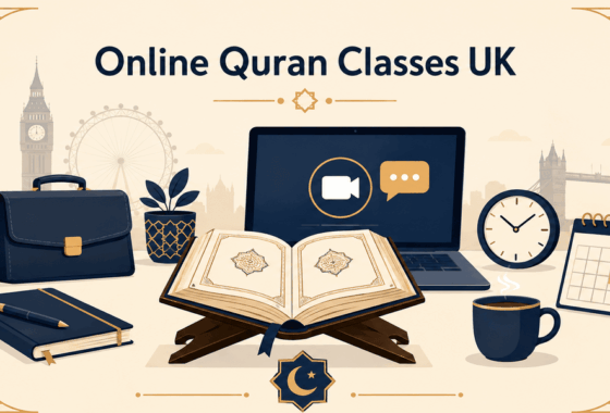 Cartoon illustration of online Quran classes for adults UK, showing a Quran, laptop with video call icon, coffee cup, and London skyline silhouette