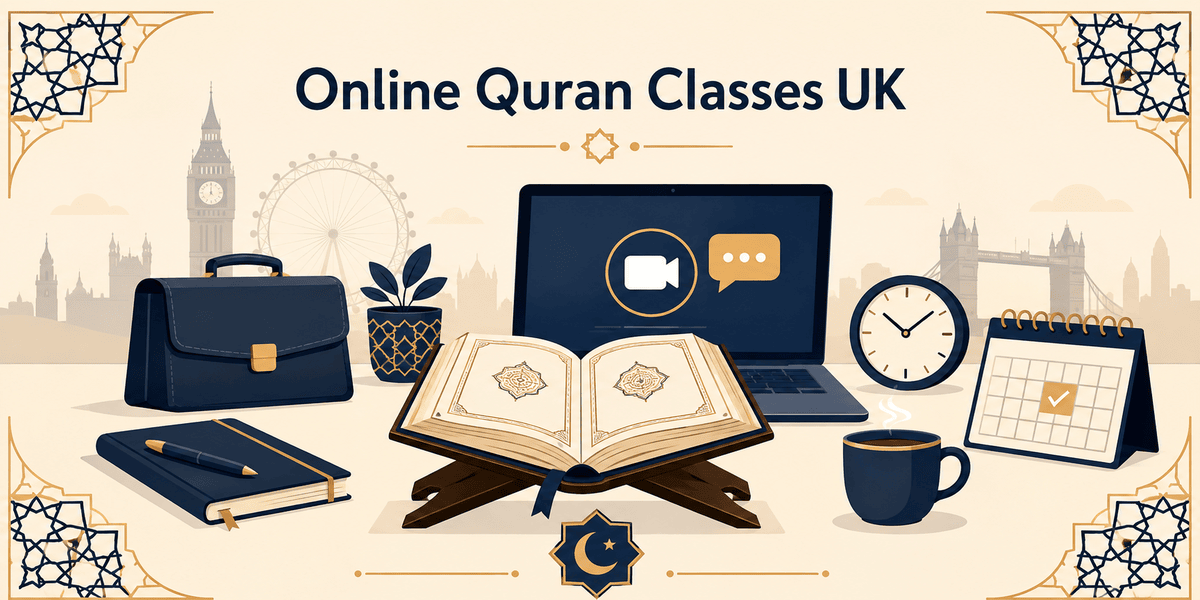 Cartoon illustration of online Quran classes for adults UK, showing a Quran, laptop with video call icon, coffee cup, and London skyline silhouette
