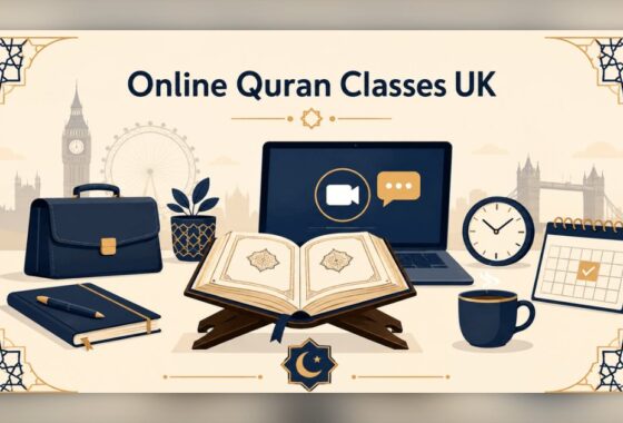 Online Quran classes for adults in the UK illustration showing a Quran, laptop with video call icon, briefcase, coffee cup, and London skyline