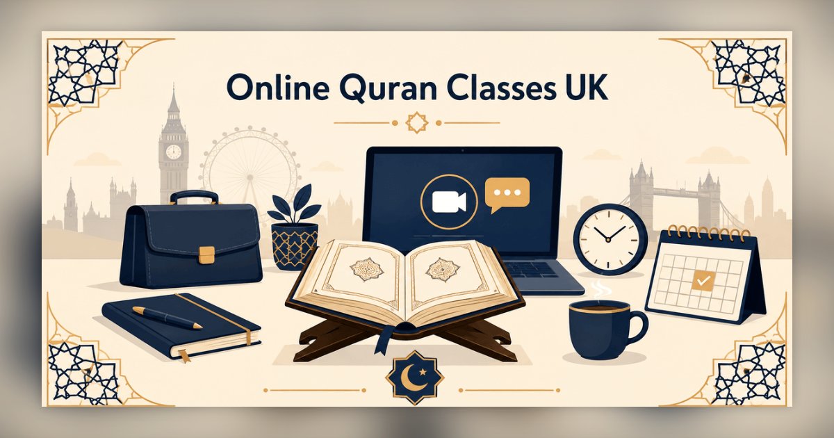 Online Quran classes for adults in the UK illustration showing a Quran, laptop with video call icon, briefcase, coffee cup, and London skyline