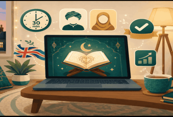 Online Quran classes for kids UK — cartoon illustration of home learning with tutor icons and free trial badge