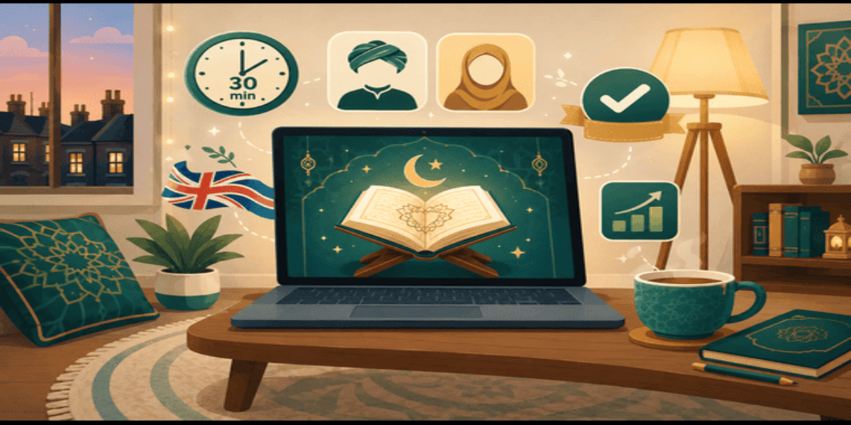 Online Quran classes for kids UK — cartoon illustration of home learning with tutor icons and free trial badge