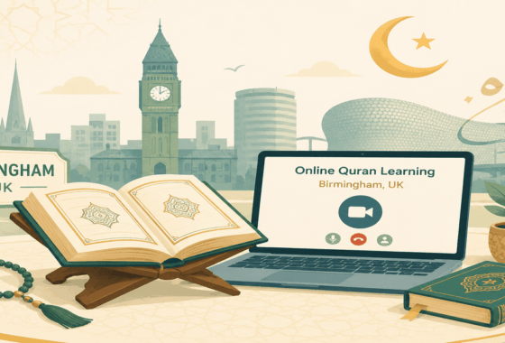 Illustration representing online Quran classes in Birmingham with Quran book, laptop, and Birmingham skyline