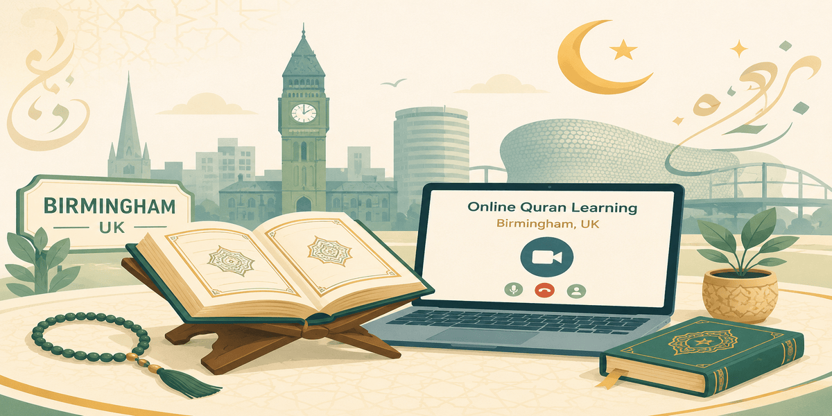 Illustration representing online Quran classes in Birmingham with Quran book, laptop, and Birmingham skyline