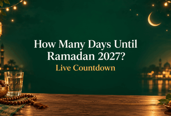 How many days until Ramadan 2027 countdown banner with dates, tasbih and lanterns