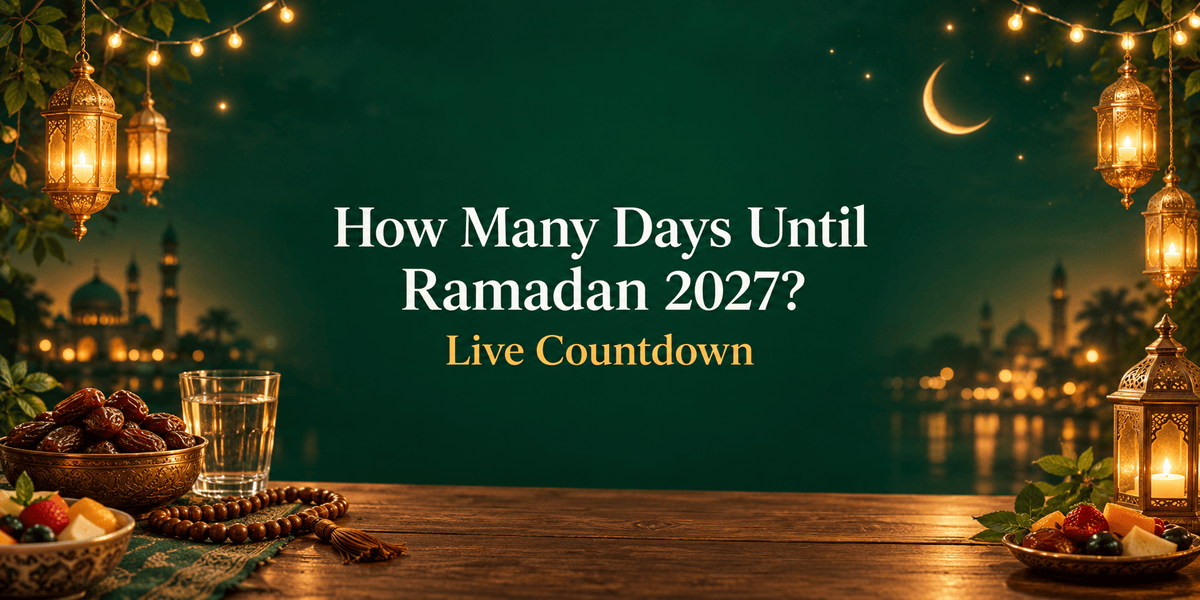 How many days until Ramadan 2027 countdown banner with dates, tasbih and lanterns