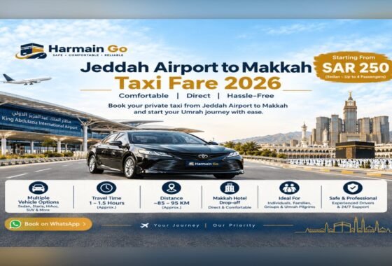 Jeddah Airport to Makkah taxi fare 2026 private transfer with Toyota sedan