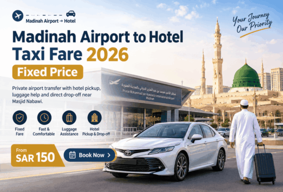 Madinah Airport to hotel taxi: white Toyota Camry and traveller with luggage near Masjid an-Nabawi