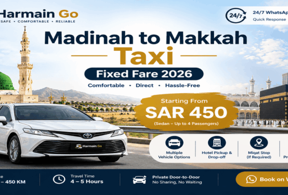 Madinah to Makkah taxi private transfer with Toyota Camry, hotel pickup, 450 km distance and 4–5 hour travel time