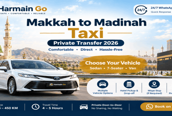 Makkah to Madinah taxi service by Harmain Go showing a white Toyota Camry sedan with Masjid an-Nabawi and the Kaaba, fixed fare starting SAR 450