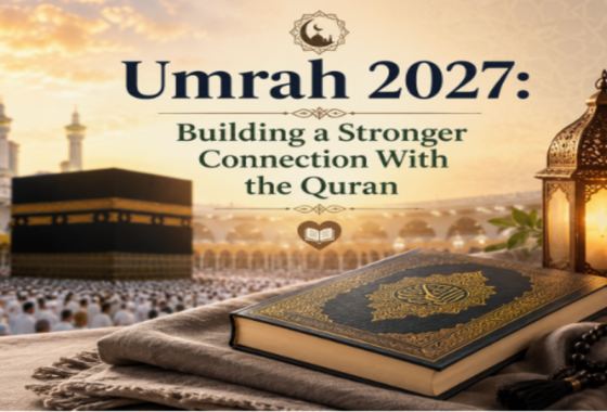 Umrah 2027 image showing a Quran, prayer beads, and lantern on a prayer mat with the Kaaba and Makkah skyline at sunset in the background