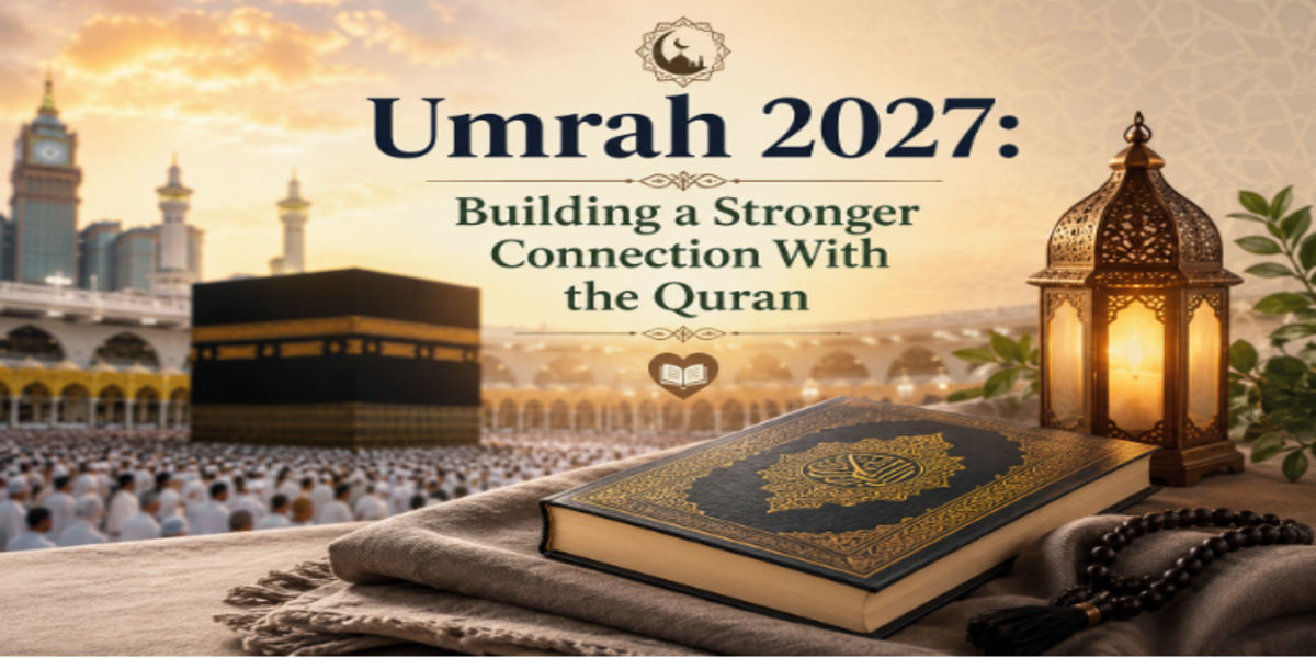 Umrah 2027 image showing a Quran, prayer beads, and lantern on a prayer mat with the Kaaba and Makkah skyline at sunset in the background