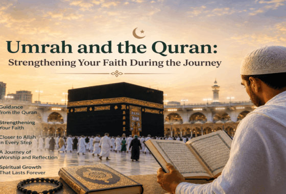 Umrah and the Quran image showing a pilgrim reading Quran near the Kaaba, with icons for guidance, faith, and spiritual growth