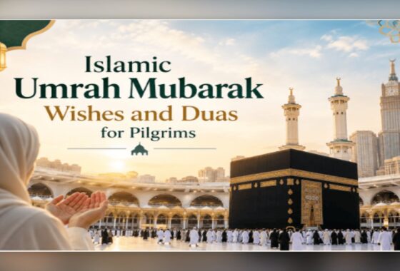 Islamic Umrah Mubarak wishes and duas image showing a pilgrim praying with hands raised before the Kaaba in Makkah at sunset