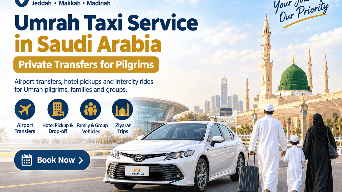 Umrah taxi service in Saudi Arabia: white Toyota Camry and pilgrim family near Masjid an-Nabawi