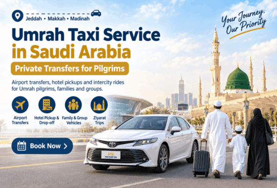 Umrah taxi service in Saudi Arabia: white Toyota Camry and pilgrim family near Masjid an-Nabawi