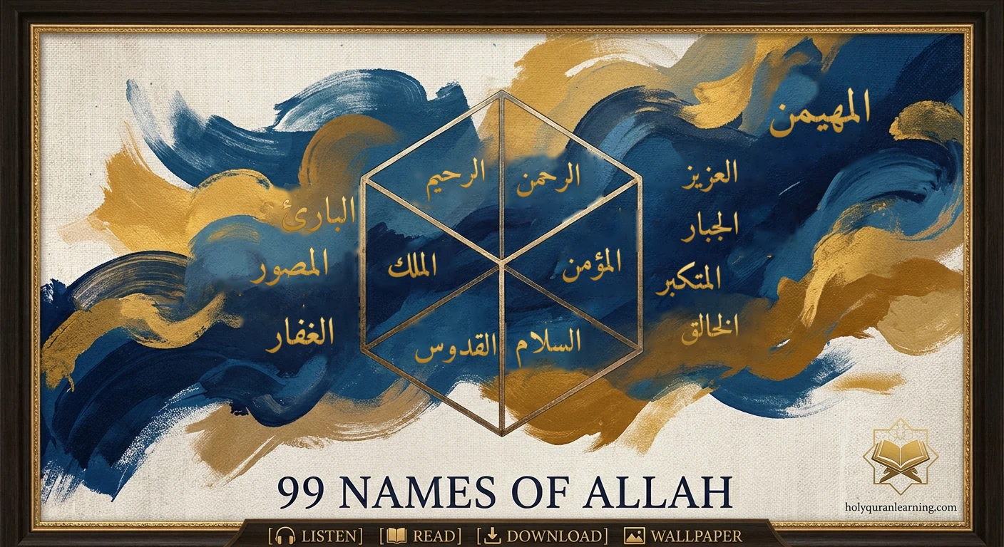 99 Names of Allah in gold Arabic calligraphy with Ar Rahman, Ar Raheem, Al Malik and Al Quddus