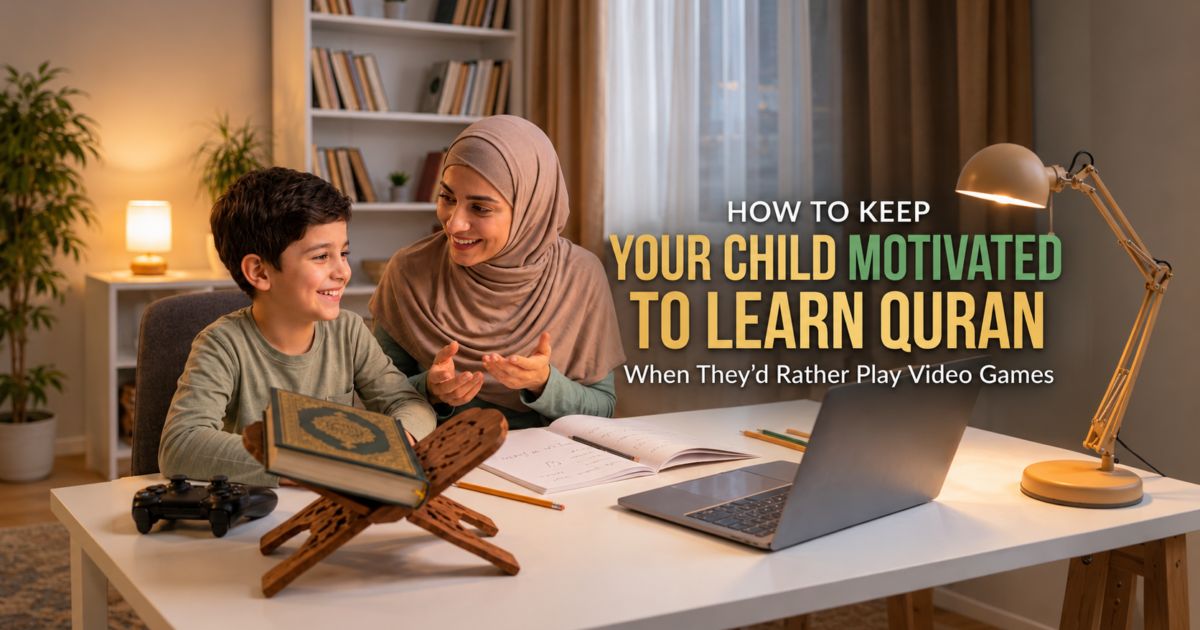 Mother encouraging her smiling son to learn Quran at a home study desk next to his video game controller