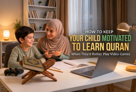 Mother encouraging her smiling son to learn Quran at a home study desk next to his video game controller