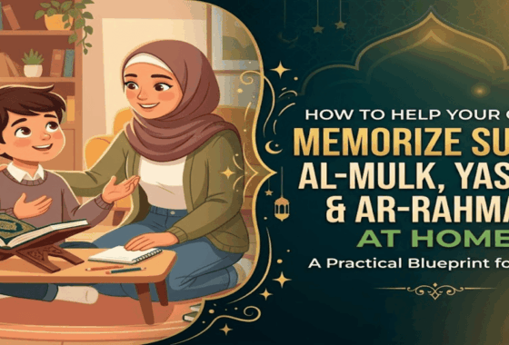 Mother helping her son memorize Surah Al-Mulk, Yaseen and Ar-Rahman at home with the Quran open on a stand