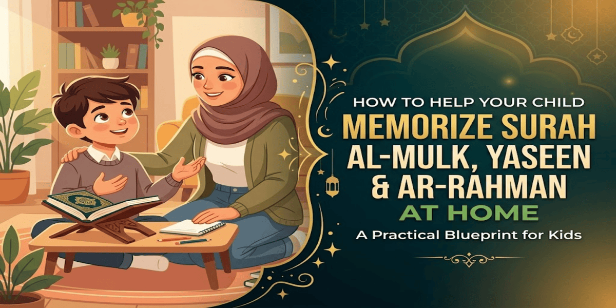 Mother helping her son memorize Surah Al-Mulk, Yaseen and Ar-Rahman at home with the Quran open on a stand