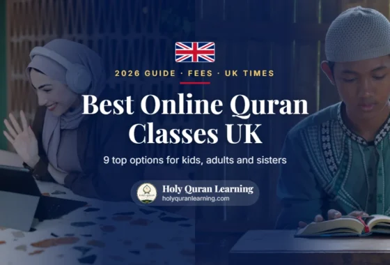 Best online Quran classes UK: a sister learning online with headphones and a boy reading the Quran, with the UK flag
