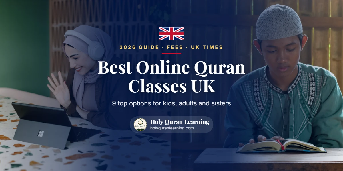 Best online Quran classes UK: a sister learning online with headphones and a boy reading the Quran, with the UK flag