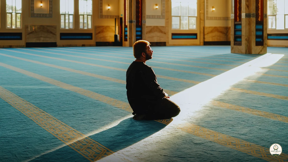 Muslim man praying two rak'ahs of Salatul Istikhara in a mosque