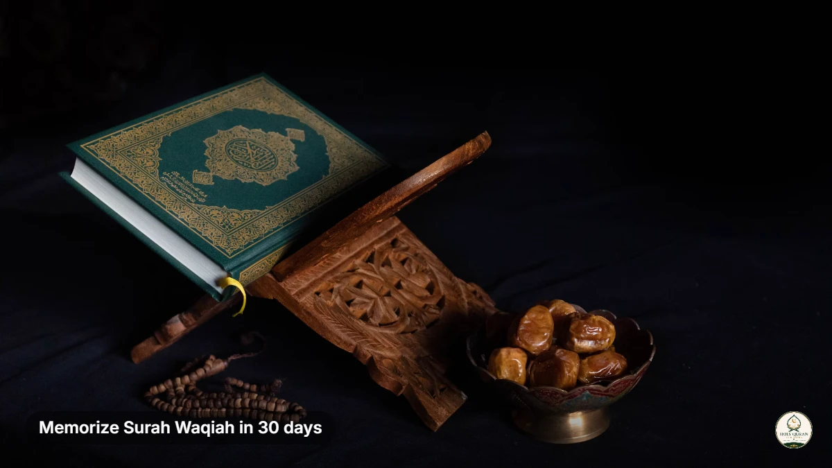 Open Quran on a wooden rehal, memorizing Surah Waqiah at home