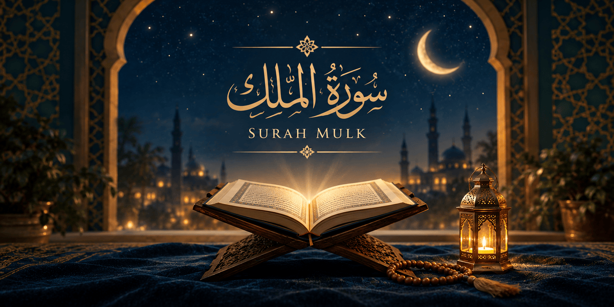Open Quran on a wooden stand with golden light, representing Surah Mulk recitation and PDF download