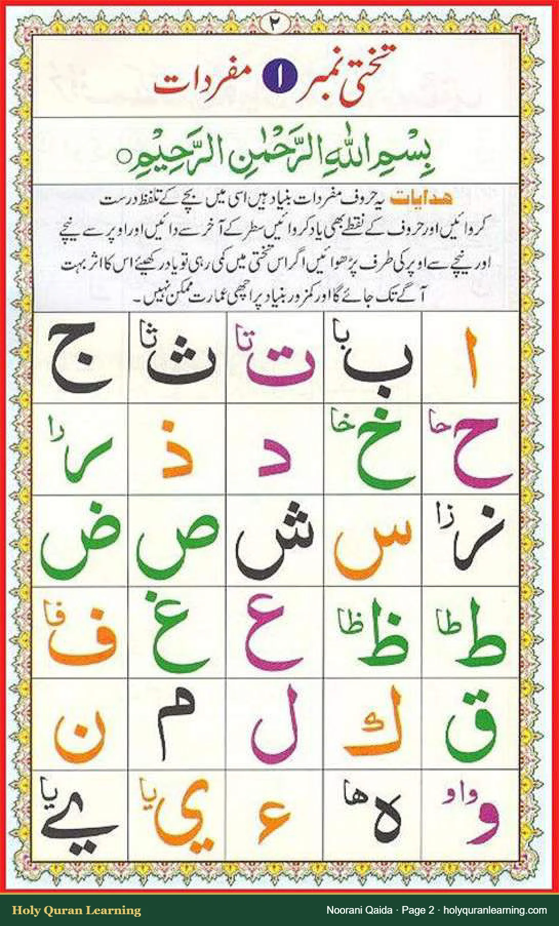 Noorani Qaida page 2: all single letters with Bismillah and the teacher instructions (Hidayat) (colour-coded Urdu edition)